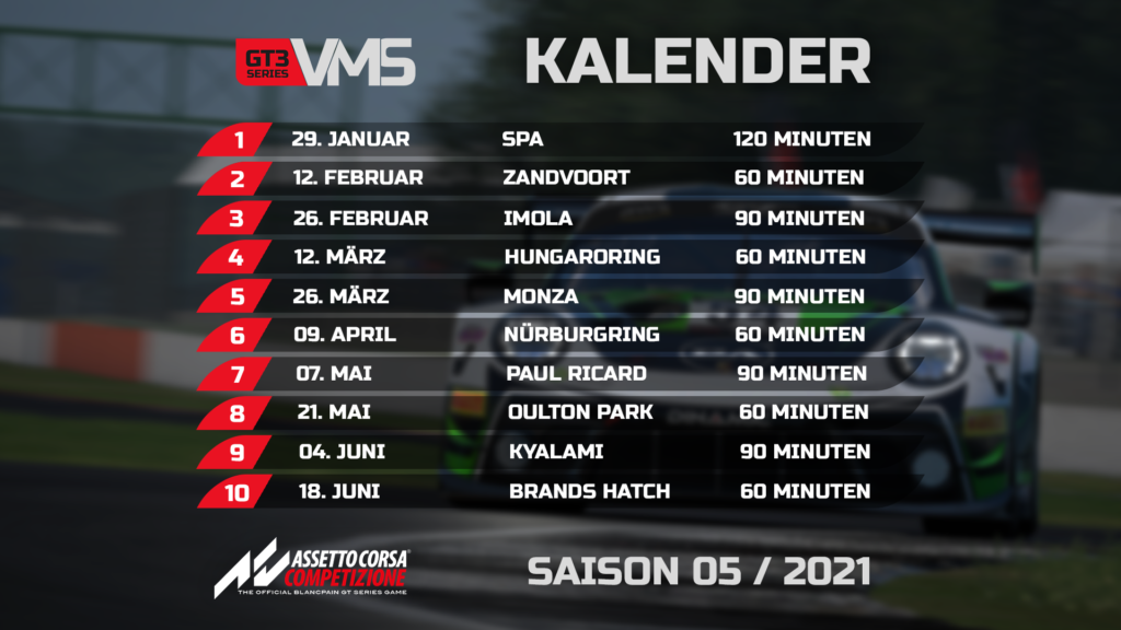 Der Kalendar der Virtual-Motorsport.de GT3 Series. Eine Online Meisterschaft / Liga in Assetto Corsa Competizione (ACC)