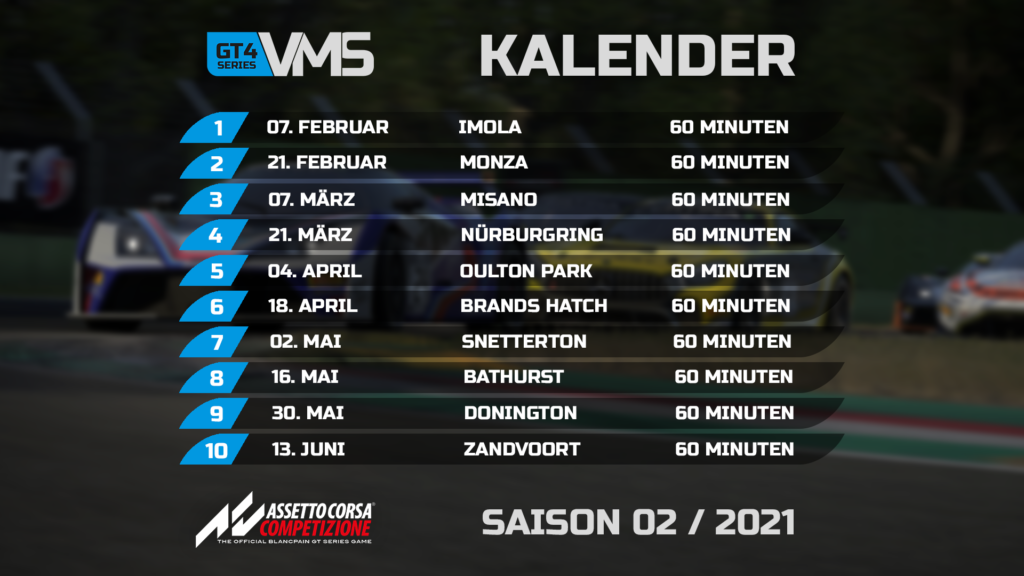 Der Kalendar der Virtual-Motorsport.de GT4 Series. Einer Meisterschaft / Liga in Assetto Corsa Competizione.